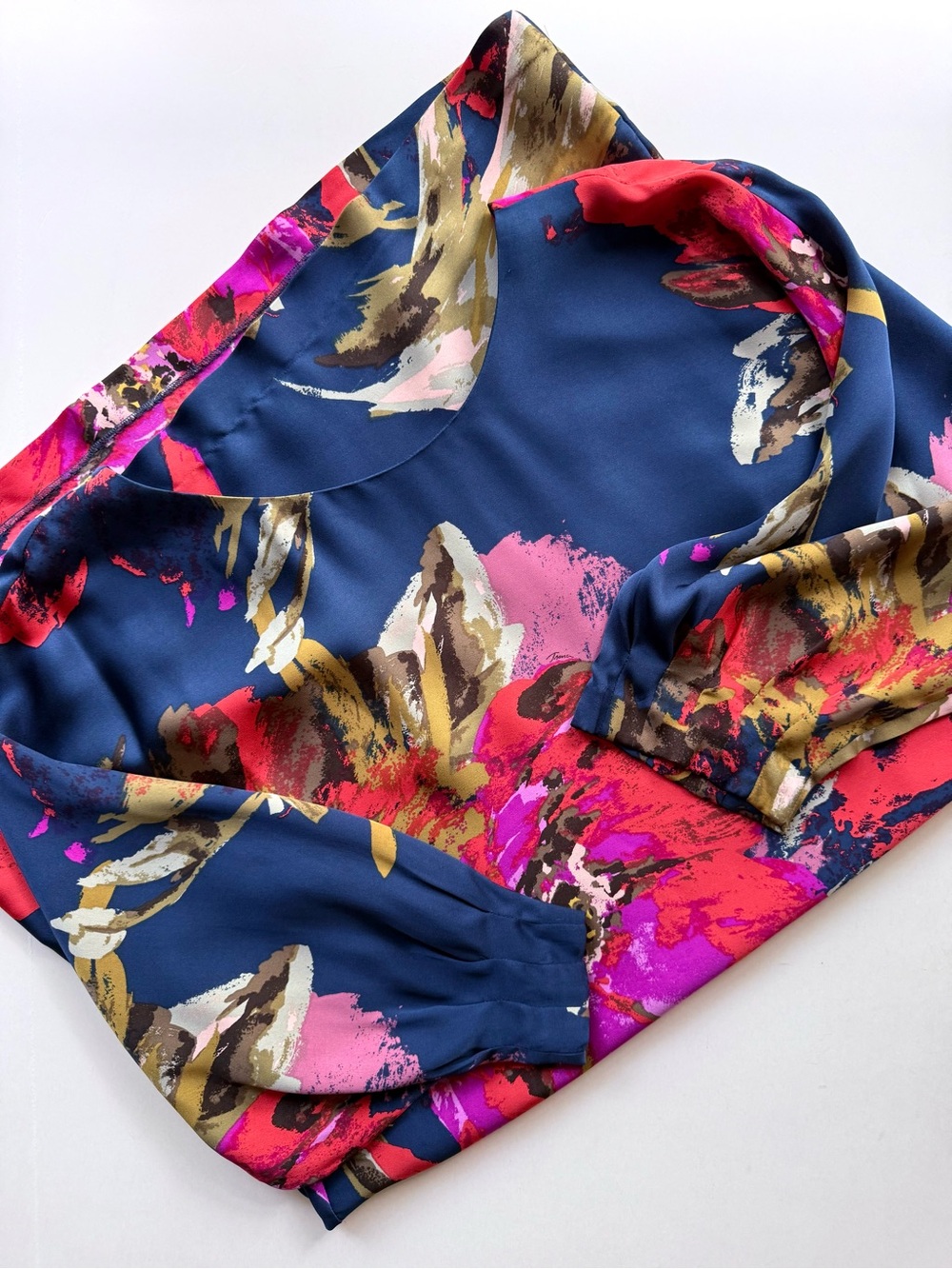 Trina Turk Navy Blue Silk Satin Caftan Style V-Back Floral Print Midi Dress M - Picture 8 of 14